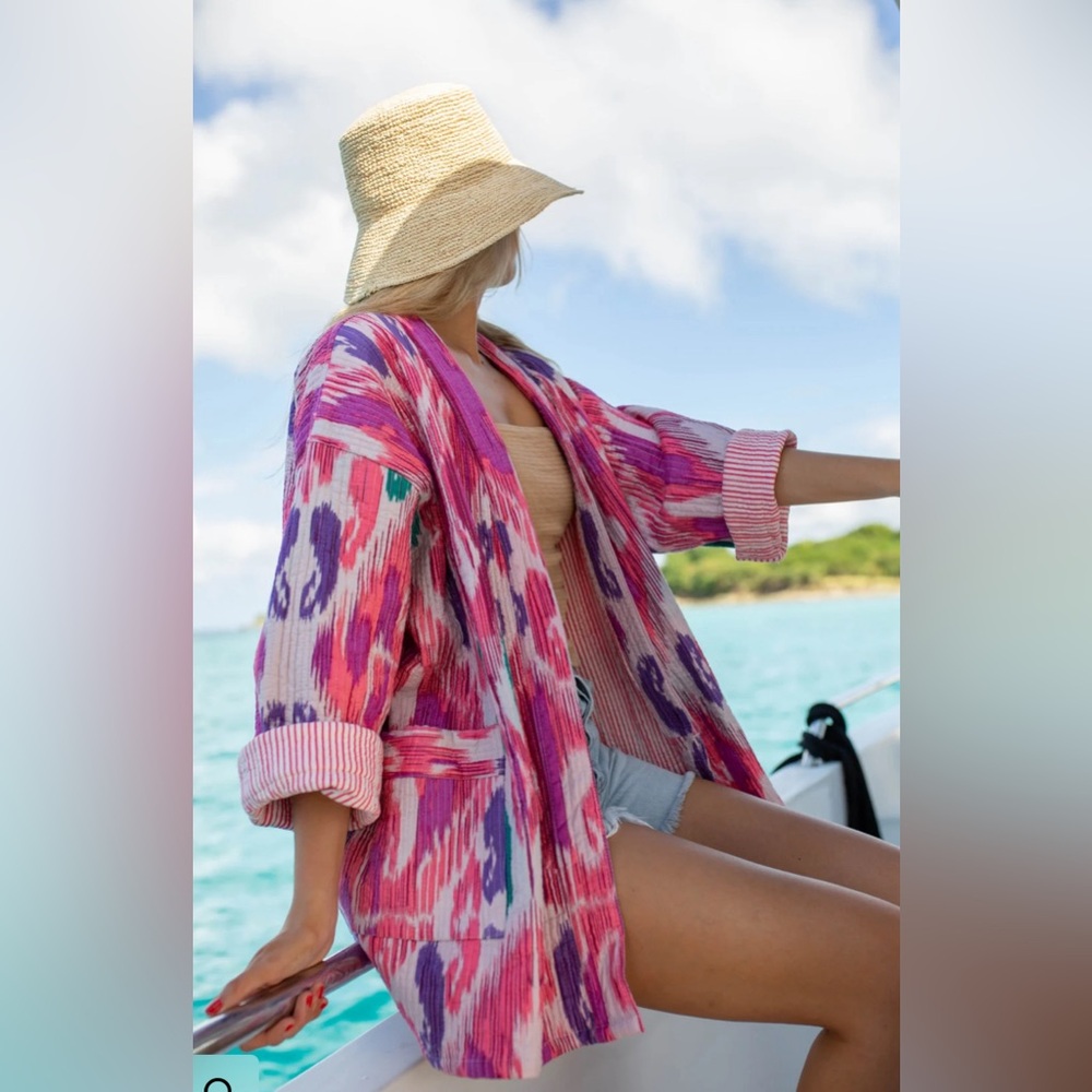 Marea by Liz Joy Ikat Belted Coat - Pink/One Size NWT